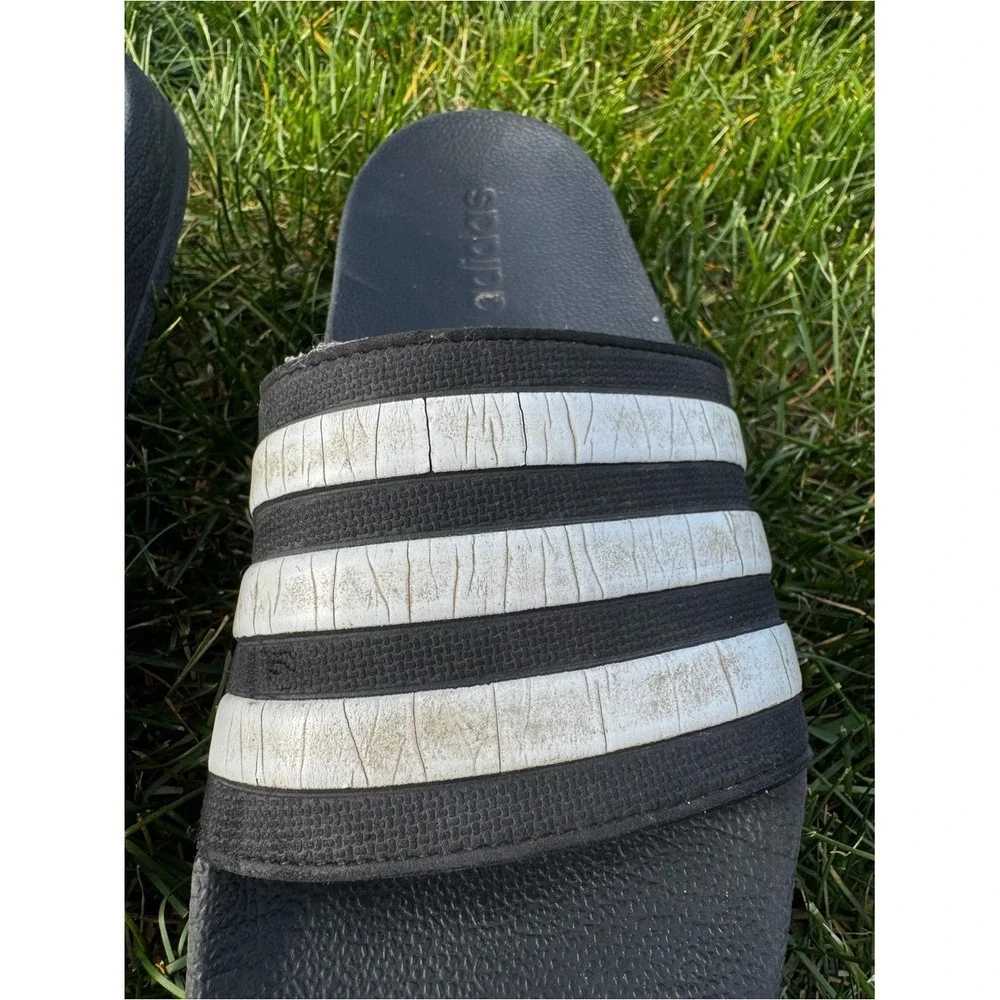 adidas Black Slides with White Stripes